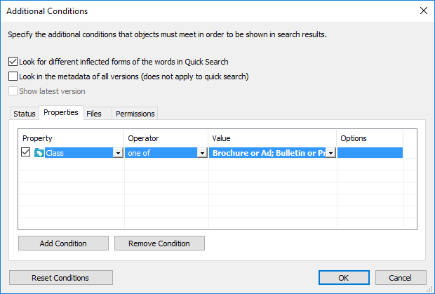 The "Additional Conditions" dialog of the Advanced Search on M-Files Desktop