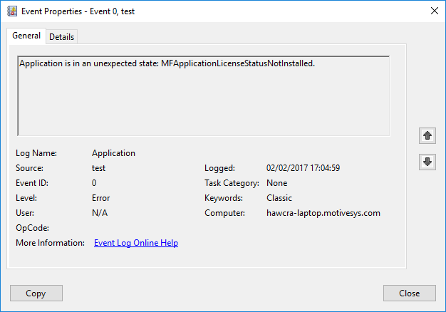 The Windows event log showing no license installed
