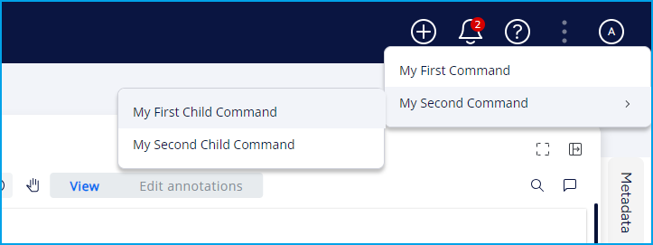 A main menu command with sub-menu commands