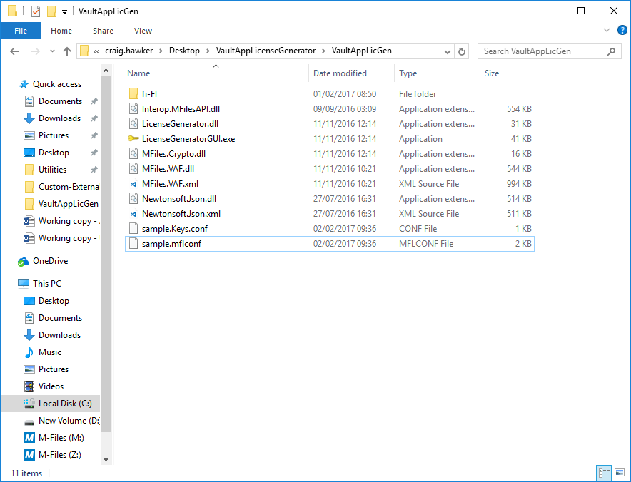 The default licence generator folder contents