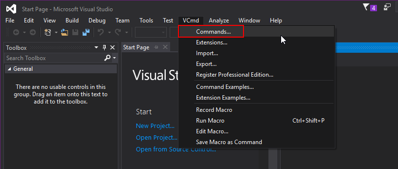 Open the Visual Commander commands window