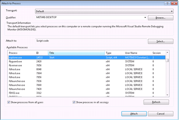 Selecting a process to debug