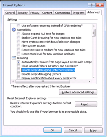 Enabling debugging within Internet Explorer