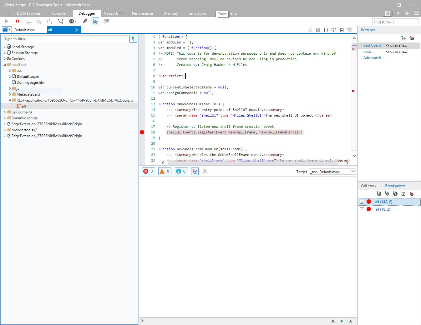 Debugging using Microsoft Edge